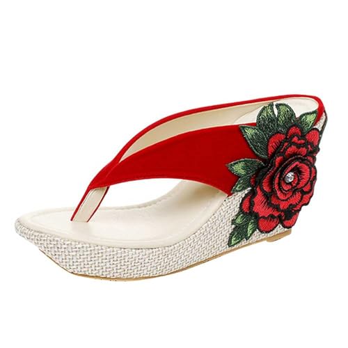 KKvoPiQ Damen Hausschuhe Dicker Keilabsatz Strand Bestickte Blumen Plateau Sandalen Schwarze Schuhe Damen Badeschlappen Schwarz Hausschuhe Leder Pantoffeln Absatz Flip Flops Elegant (Rot, 39) von KKvoPiQ