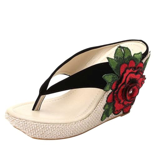KKvoPiQ Damen Hausschuhe Dicker Keilabsatz Strand Bestickte Blumen Plateau Sandalen Schwarze Schuhe Damen Badeschlappen Schwarz Hausschuhe Leder Pantoffeln Absatz Flip Flops Elegant (Schwarz, 37) von KKvoPiQ