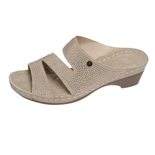 KKvoPiQ Damen Hausschuhe Frühling Und Leichte Und Bequeme Einzeilige Sandalen Mit Dickem Keilabsatz Den Strandurlaub Schuhe Damen Turnschuh Badeschuhe Pantoffeln Gäste Set Große Größen (Khaki, 37) von KKvoPiQ