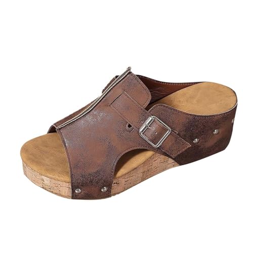 KKvoPiQ Damen Hausschuhe Große Größe Keilabsatz Retro Leichte Schuhe Damen Ballerina Stoff Flip Flops Schwarz Feste Sohle Pantoffeln Gäste Set Große Größen Feste Sohle Mit Fussbett (Braun, 39) von KKvoPiQ