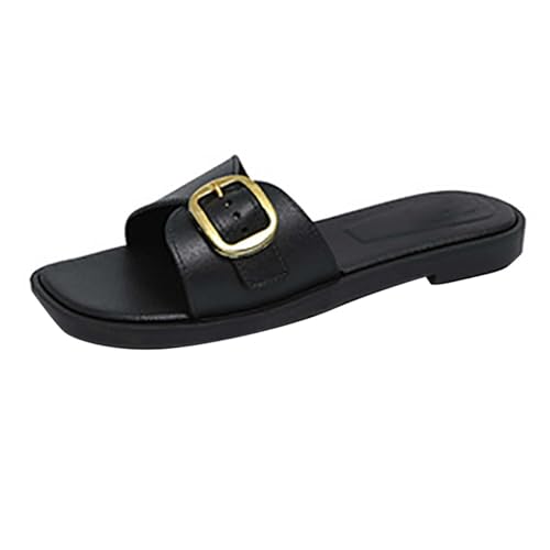 KKvoPiQ Damen Hausschuhe Keilabsatz Einfarbig Quadratischer Perle Freizeitkleidung Zehen Bunte Schuhe Damen Pumps Pantoffeln Blau Marke Flipflop Feste Sohle Flip Flops Elegant (Schwarz, 39) von KKvoPiQ