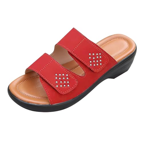 KKvoPiQ Damen Hausschuhe Sommerurlaub Strand Hausschuhe Outdoor Leichte Keilabsatz Römerschuhe Fischmaul EIN Wort Damen Schuhe Blau Winter Badeschuhe rutschfest Feste Sohle Elegant (Rot, 36) von KKvoPiQ