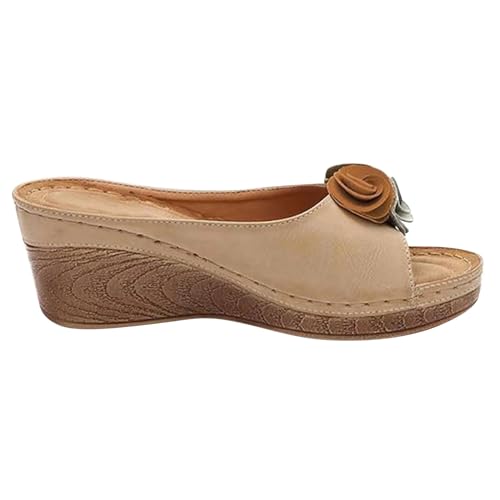 KKvoPiQ Damen-Hausschuhe mit Blumenmuster, Plattform, dicke Sohle, Keil, lässige Hausschuhe, Sandalen Schuhe Damen Sommer Sandalen Größe 39 (Beige, 36) von KKvoPiQ