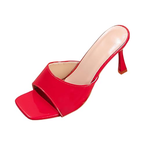 KKvoPiQ Damen High Heel Sandalen Absatz Slip On Hausschuhe Square Toe Open Hochzeit Schuhe Damen Flach Hausschuhe Hoch Sommer Lustig Schwarz Elegant Mit Geschlossen Feste Sohle (Rot, 39) von KKvoPiQ