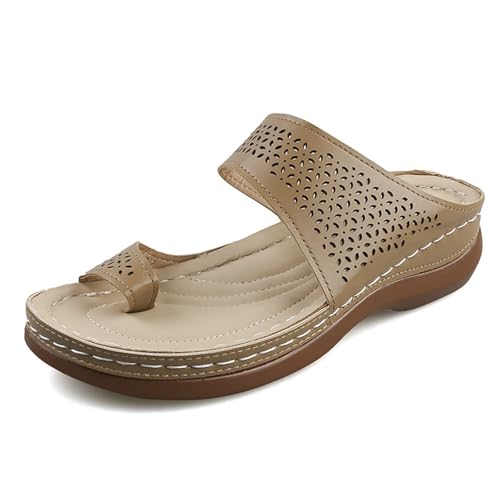 KKvoPiQ Damen Keilabsatz Flip Flops Einfarbig Strandsandalen Damen Hallux Schuhe Strand Hausschuhe Schwarz Hausschuhe Pantoletten Mit Fussbett Geschlossen Feste Sohle (Khaki, 38) von KKvoPiQ