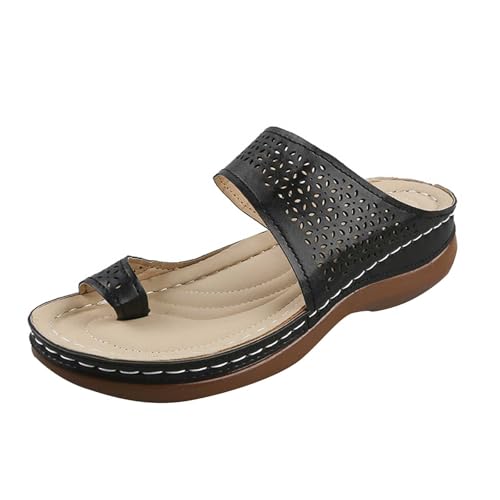 KKvoPiQ Damen Keilabsatz Flip Flops Einfarbig Strandsandalen Damen Hallux Schuhe Strand Hausschuhe Schwarz Hausschuhe Pantoletten Mit Fussbett Geschlossen Feste Sohle (Schwarz, 42) von KKvoPiQ