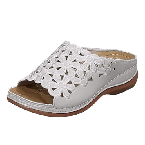 KKvoPiQ Damen Keilsandalen Ledersandale Gummisohle Vintage Hohl Hausschuhe Outdoor Runde Zehenschuhe Flache Slingback Schuh Hohe Schuhe Mit Fell Duschschuhe Weiß Badeschlappen (Silber, 40) von KKvoPiQ