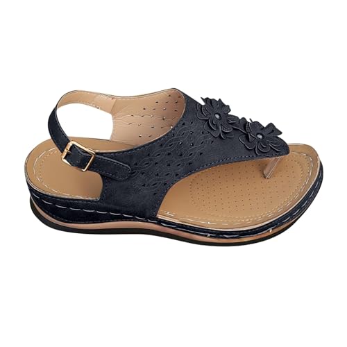 KKvoPiQ Damen-Plateausandalen mit Fischgrätmuster und Schnalle und Blumenmuster Damen Schuhe Stiefeletten Schwarz (Navy, 37) von KKvoPiQ