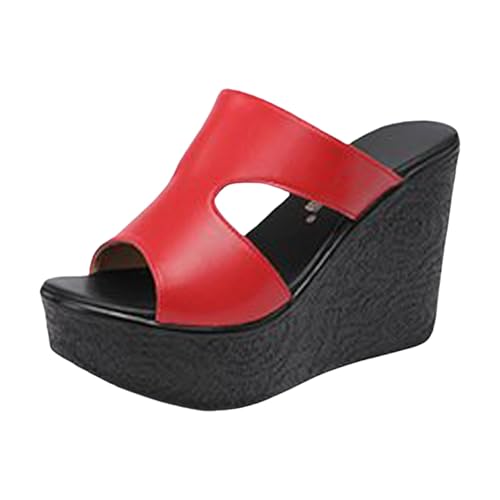 KKvoPiQ Damen Sandalen Modische Runde Offene Zehenpartie Freizeit, Strand, Urlaub Altenpflege Schuhe Hausschuhe Fell House Slippers Open Toe Sommer Pantoletten Feste Sohle Ungefüttert (Rot, 36) von KKvoPiQ