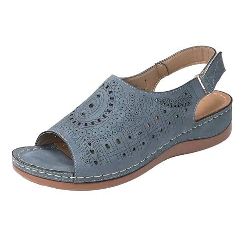 KKvoPiQ Damen-Sandalen mit hohlem, flachem Absatz und offener Zehenschnalle, Retro-Low-Top-Sandalen Damen Schuhe 36 Neu (Blue, 37) von KKvoPiQ