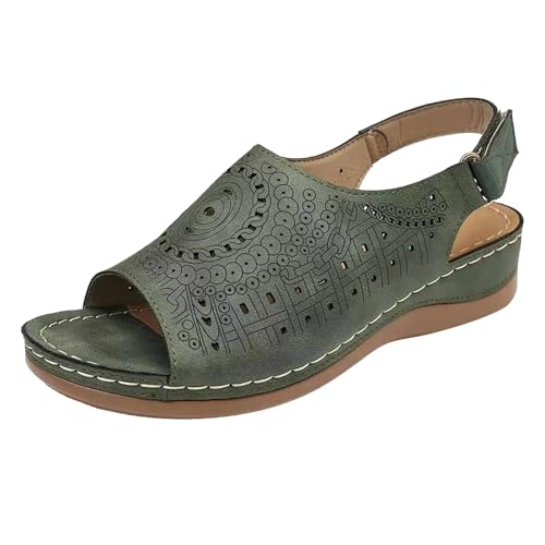 KKvoPiQ Damen-Sandalen mit hohlem, flachem Absatz und offener Zehenschnalle, Retro-Low-Top-Sandalen Damen Schuhe 36 Neu (Green, 35) von KKvoPiQ