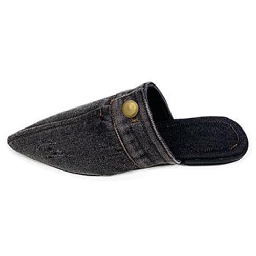 KKvoPiQ Damen Sommer Neue Halbtasche Kopf Draußen Tragen Spitz Sandalen Hausschuhe Denim Flache Sohle Compatible Motorrad Slippers Outdoor Badelatschen Schwarz Pantoletten Elegant (Schwarz, 39) von KKvoPiQ