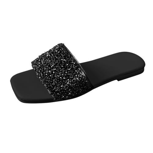 KKvoPiQ Flache Hausschuhe Quadratischer Zehenpartie Damen Schuhe Winterstiefellette Gefüttert Badeschuhe Weiß Hausschuhe Lustig Filzpantoffeln Pantoletten Leder Flip Flops Elegant (Schwarz, 39) von KKvoPiQ