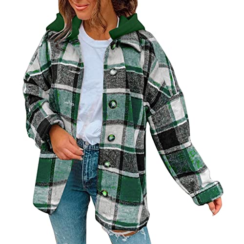 KKvoPiQ Kleidung Modern Karierte Hemden mit langen Ärmeln und Knöpfen für Damen, Flanell, mit Kapuze, Shacket-Jacke, Hoodie-Mäntel Schuhe Damen Herbst (Green, M) von KKvoPiQ