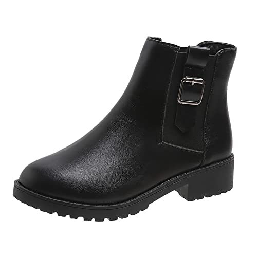 KKvoPiQ Mädchen 34 Mode Frauen Kunstleder Einfarbig Herbst Dicke Sohle Quadratische Absätze Slip On Kurze Booties Runde Zehe Schuhe Stiefeletten Weite K Damen (Black, 38) von KKvoPiQ