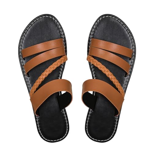 KKvoPiQ Modische und bequeme flache Hausschuhe und Sandalen für Damen, einfarbig, große Größe, One-Line Plateau Sandalen Damen Silber (Brown, 39) von KKvoPiQ