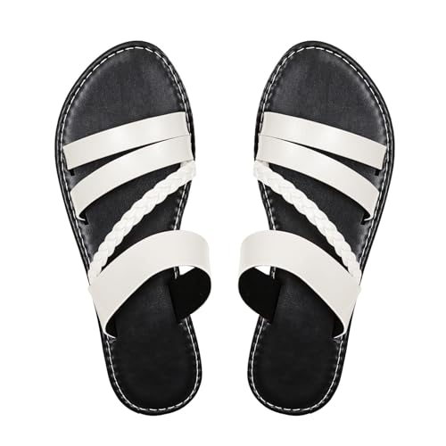 KKvoPiQ Modische und bequeme flache Hausschuhe und Sandalen für Damen, einfarbig, große Größe, One-Line Plateau Sandalen Damen Silber (White, 37) von KKvoPiQ