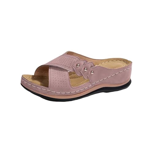 KKvoPiQ Offene Zehen Atmungsaktiv Hohl Roman Bequeme Freizeit Slope Mit Clip Toe Hausschuhe Damen Schuhe Silber Slippers Duschschuhe Leder Pantoletten In Alle Kategorien Ungefüttert (Rosa, 43) von KKvoPiQ