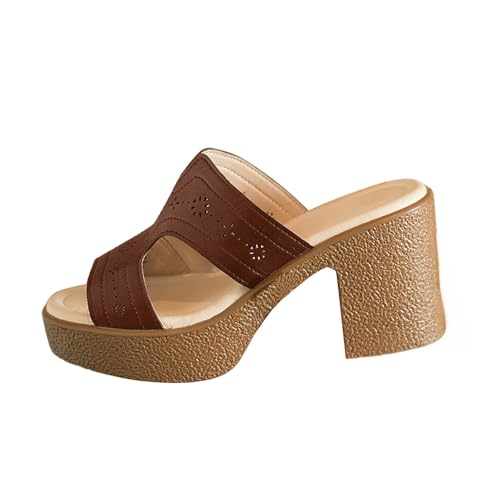 KKvoPiQ Offenem Zehenbereich Und Dickem Keilabsatz Mit Fischmaul-Absatz, Bequeme Formelle Sandalen Dirndl Schuhe Damen Hausschuhe Sommer Lustig Pantoffeln Gäste Set Große Größen Elegant (Braun, 40) von KKvoPiQ