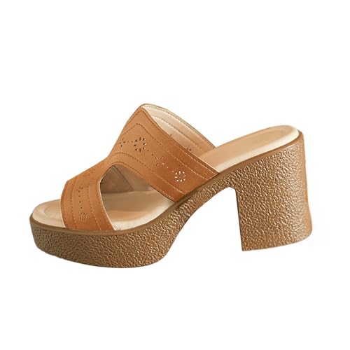 KKvoPiQ Offenem Zehenbereich Und Dickem Keilabsatz Mit Fischmaul-Absatz, Bequeme Formelle Sandalen Dirndl Schuhe Damen Hausschuhe Sommer Lustig Pantoffeln Gäste Set Große Größen Elegant (Khaki, 40) von KKvoPiQ