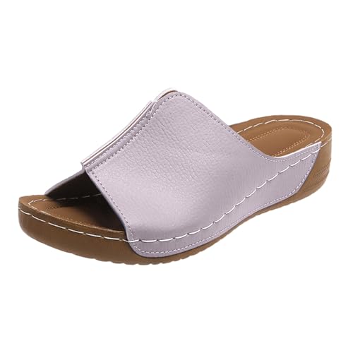 KKvoPiQ Plateausandalen Damen Flache Slipper Weite Lederkeilsandalen Dämpfungssohle Verbesserte Leichte Absatzsandalen Schuhe House Slippers Open Toe Hausschuhe Mit Fussbett Absatz (Grey, 38) von KKvoPiQ