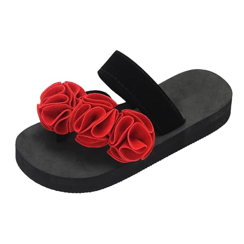 KKvoPiQ Sommer Wedges Flip Flops Damen rutschfeste Strandschuhe Handgemachte Blumenmode Schmetterling Flip Flops Schuhe Damen Elegant Silber (Red, 41) von KKvoPiQ