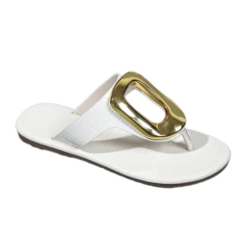 KKvoPiQ Weibliche Slipper Grenze Große Größe Freizeit Strand Sandalen Hausschuhe Metall Fischgräten Flache Unterseite Clip Schuhe Damen Absatz Silber Flip Flops Schwarz Filzpantoffeln (Weiß, 37) von KKvoPiQ