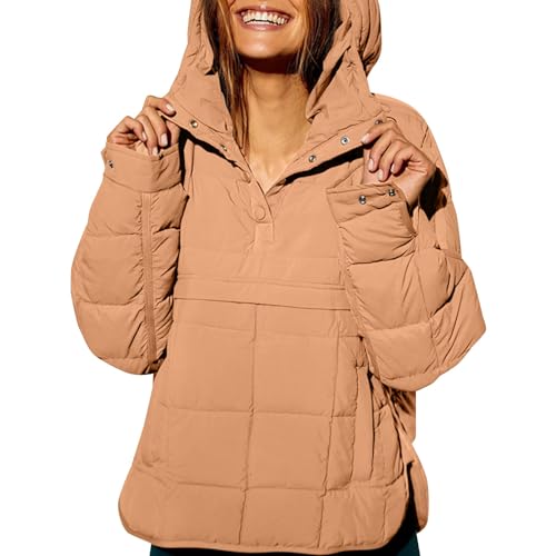 Skianzug Damen Damen-Pulloverjacke, gesteppt, leicht, Ärmel, Knopfleiste, Kapuze, wattiert, Mantel mit Tasche Mantel Elegant Damen (Khaki, S) von KKvoPiQ