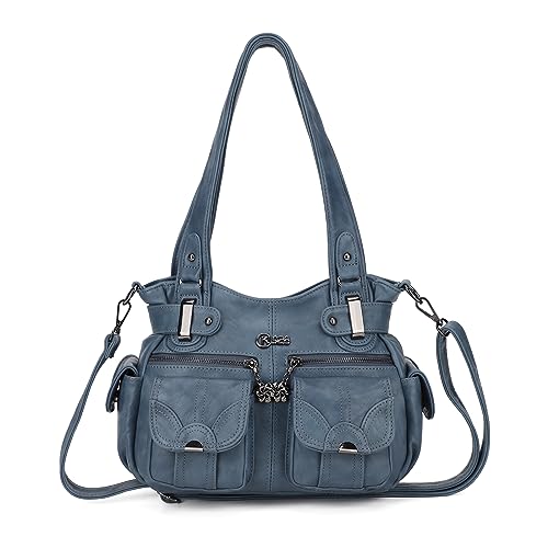 KL928 Tasche Damen Handtasche Umhängetaschen Damenhandtasche Schultertasche Lederhandtasche Elegante Taschen Hand Taschen Henkeltaschen für frauen mit vielen fächern, Grau Blau von KL928