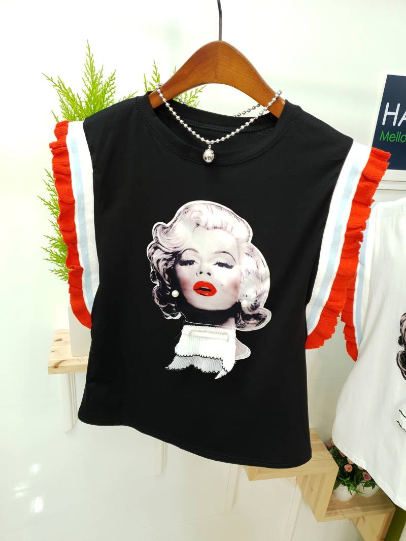Marilyn Monroe Print Top Mit Kontrast Rüschenärmel Marilyn Monroe Print Top Mit Kontrast Rüschenärmel von KLALAShop