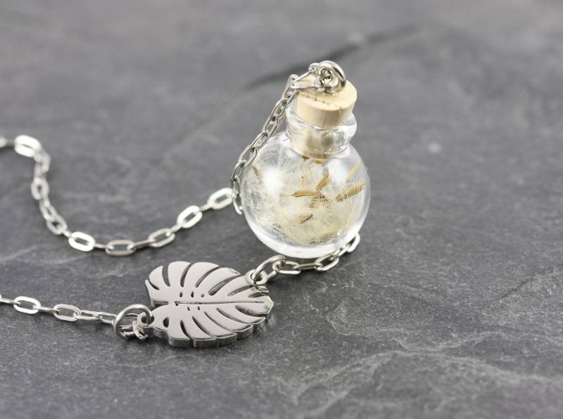 Jungle Monstera Pusteblume Kette Edelstahl | Echtes Boro Glas von KLAPPERGLAS