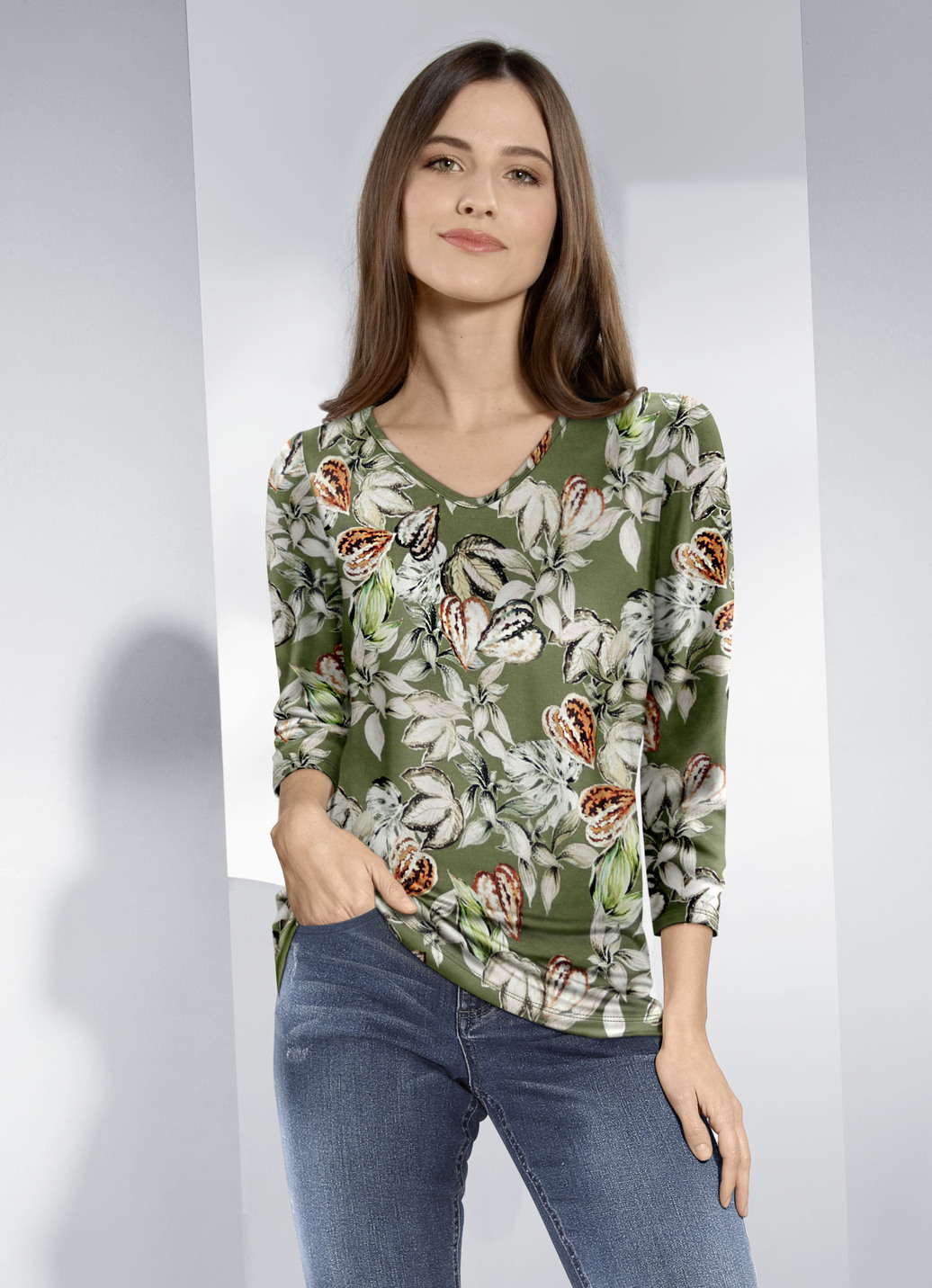 Shirt mit 3/4-langen Ärmeln, Oliv-Terrakotta, Größe 42 von KLAUS MODELLE