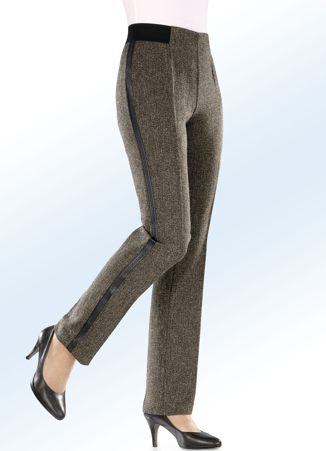 Edle Tweed-Hose mit Zierband mit Nappaleder-Imitat, Mokka, Größe 235 von KLAUS MODELLE