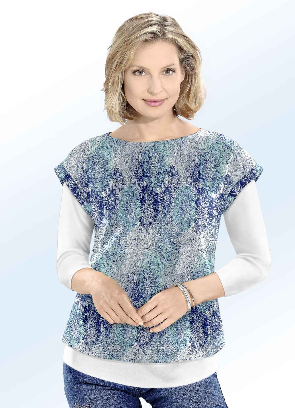 Pullunder in Jacquard-Dessin, Mint-Ecru, Größe 44 Pullunder in Jacquard-Dessin, Mint-Ecru, Größe 44 von KLAUS MODELLE