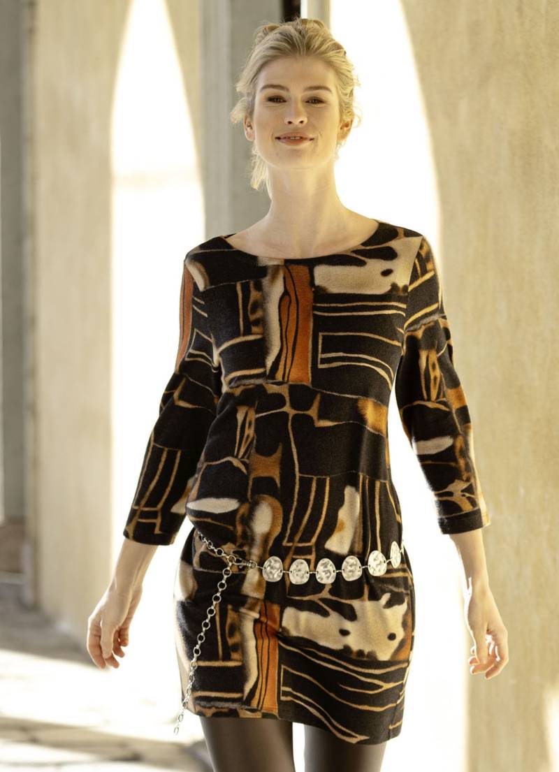 Strick-Tunika in Feinstrick, Größe XXL(52/54), Schwarz-Camel-Multicolor von KLAUS MODELLE