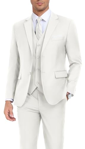 Herren Anzug Slim Fit 3 Stück Hochzeitskleid Tux Anzug Set Zwei Knöpfe Business Anzüge Blazer Jacke Weste Hose mit Krawatte, Elfenbein, L von KLAYOVE