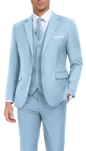 Herren Anzug Slim Fit 3 Stück Hochzeitskleid Tux Anzug Set Zwei Knöpfe Business Anzüge Blazer Jacke Weste Hose mit Krawatte, Himmelblau, M von KLAYOVE