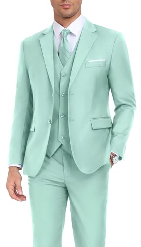 Herren Anzug Slim Fit 3 Stück Hochzeitskleid Tux Anzug Set Zwei Knöpfe Business Anzüge Blazer Jacke Weste Hose mit Krawatte, Mintgrün, L von KLAYOVE