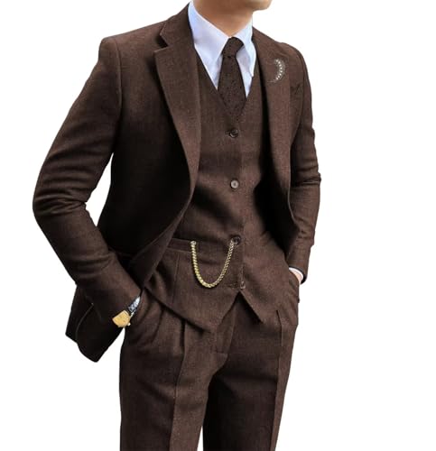 Retro-Tweed-Herrenanzug, 3-teilig, Fischgrätenmuster, schmale Passform, Anzug-Set, Hochzeit, Smoking, Balljacke, Blazer, Weste, Hose für Herren, Dunkelbraun, 3XL von KLAYOVE