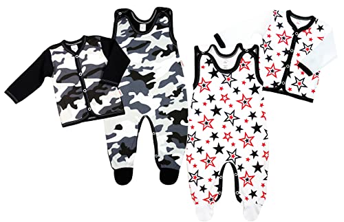 KLEKLE Baby 2 er Set - 2x Baby Strampler und 2x Wickelshirt - Baby Shirt und Schlafanzug für Junge - 2-Pack - 100% Baumwolle - Babykleidung - 1-3m - Moro und Sterne - Schwarz und Weiss von KLEKLE