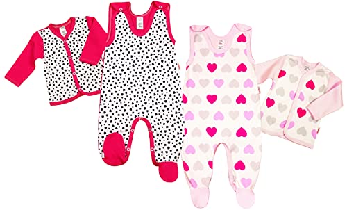 KLEKLE Baby 2 er Set - 2x Baby Strampler und 2x Wickelshirt - Baby Shirt und Schlafanzug für Mädchen - 2-Pack - 100% Baumwolle - Babykleidung - 0-1m - Herzen - Rosa und Dunkelrosa von KLEKLE