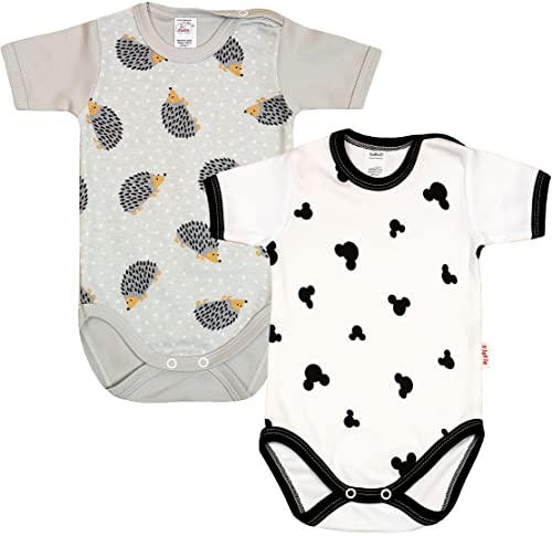 KLEKLE Baby Body - Body Kurzarm Unisex - 2er-Pack - mit Druckknöpfen - 100% Baumwolle - Babykleidung - 12m-18m - Maus und Igel - Weiß und Grau von KLEKLE