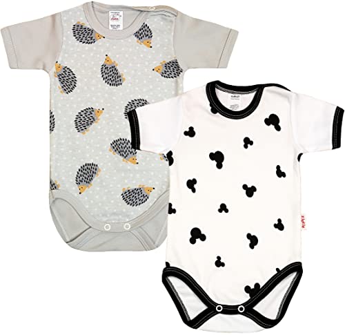 KLEKLE Baby Body - Body Kurzarm Unisex - 2er-Pack - mit Druckknöpfen - 100% Baumwolle - Babykleidung - 18m - 2 Jahre - Maus und Igel - Weiß und Grau von KLEKLE