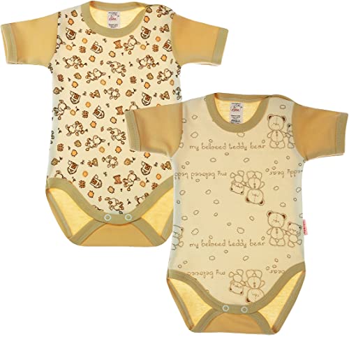 KLEKLE Baby Body - Body Kurzarm Unisex - 2er-Pack - mit Druckknöpfen - 100% Baumwolle - Babykleidung - 9m-12m - Esel und Teddybär - Beige von KLEKLE
