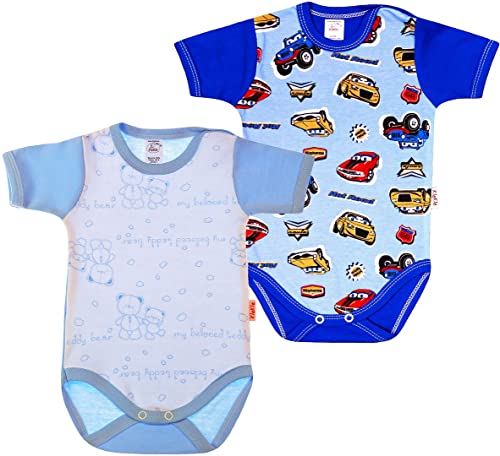KLEKLE Baby Body - Body Kurzarm für Junge - 2er-Pack - mit Druckknöpfen - 100% Baumwolle - Babykleidung - 12m-18m - Autos und Teddybär - Blau von KLEKLE