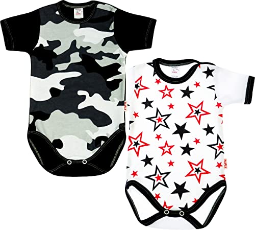 KLEKLE Baby Body - Body Kurzarm für Junge - 2er-Pack - mit Druckknöpfen - 100% Baumwolle - Babykleidung - 12m-18m - Tarn und Sterne - Schwarz und Weiß von KLEKLE