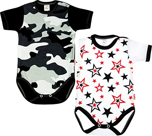 KLEKLE Baby Body - Body Kurzarm für Junge - 2er-Pack - mit Druckknöpfen - 100% Baumwolle - Babykleidung - 3m-6m - Tarn und Sterne - Schwarz und Weiß von KLEKLE