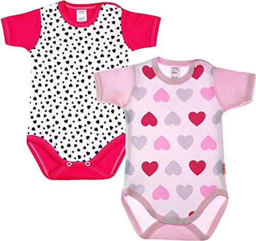 KLEKLE Baby Body - Body Kurzarm für Mädchen - 2er-Pack - mit Druckknöpfen - 100% Baumwolle - Babykleidung - 0-1m - Herzen - Rosa und Dunkelrosa von KLEKLE