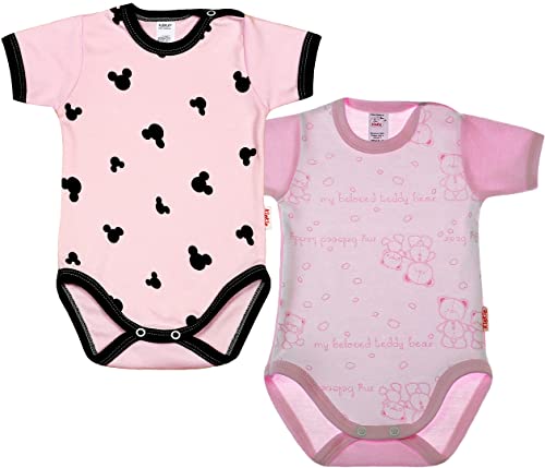 KLEKLE Baby Body - Body Kurzarm für Mädchen - 2er-Pack - mit Druckknöpfen - 100% Baumwolle - Babykleidung - 0-1m - Maus und Teddybär - Rosa von KLEKLE