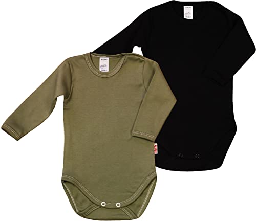 KLEKLE Baby Body - Body Langarm - Unisex - 2er-Pack - mit Druckknöpfen - 100% Baumwolle - Babykleidung - 12m-18m - Khaki und Schwarz von KLEKLE